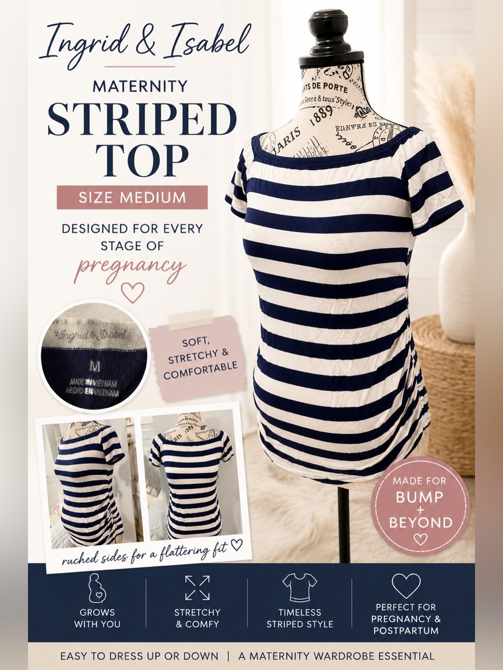 Ingrid & Isabel Maternity Striped Boat Neck Top Medium Navy White Stretch